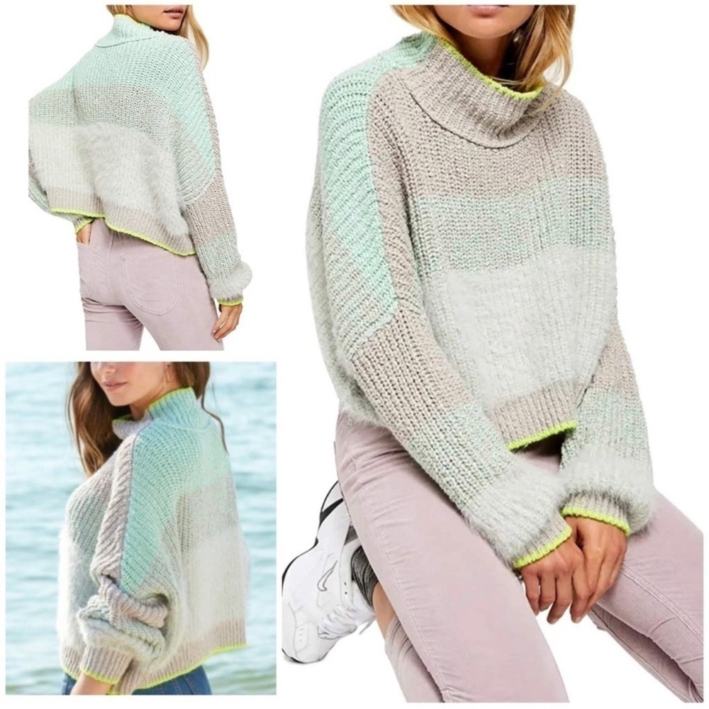 Free People Sunbrite Mock Neck Crop Sweater Neon Trim Chunky Knit Oversized S